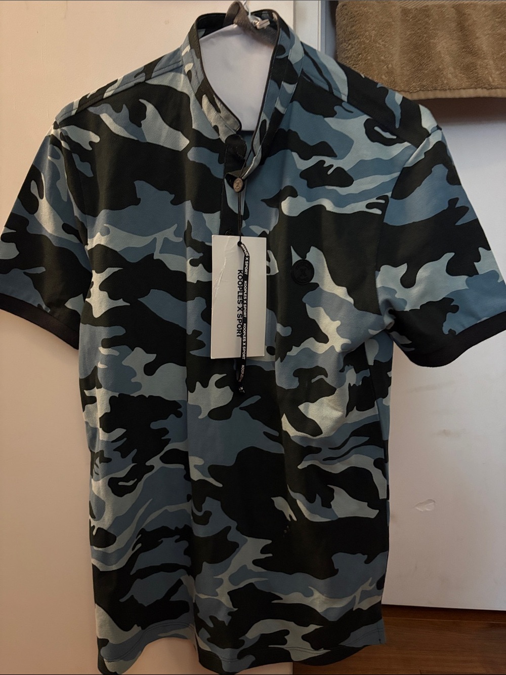 The Kooples Blue and Black Camouflage Short Sleeve Polo